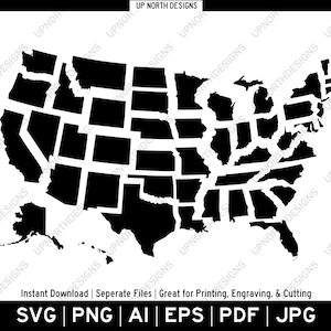 Silhouettes d'État simples 50 formes individuelles | Carte des États-Unis d'Amérique | découper, graver ou imprimer | svg, pdf, ai, eps, png
