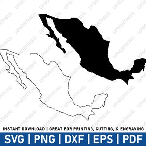 Puede incluir: Un contorno en blanco y negro del mapa de México. El mapa se muestra en dos versiones, una rellena de negro y otra solo con contorno.