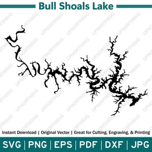 Bull Shoals Lake Arkansas Missouri Map Silhouette | Vector Map Outline | Cut, Engrave, or Print | Lake Decor | svg, pdf, dxf, eps, jpg, png