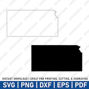 Könnte beinhalten: Umriss und durchgezogene schwarze Silhouette des Bundesstaates Kansas.  INSTANT DOWNLOAD | PERFEKT ZUM DRUCKEN, SCHNEIDEN UND GRAVIEREN SVG | PNG | DXF | EPS | PDF