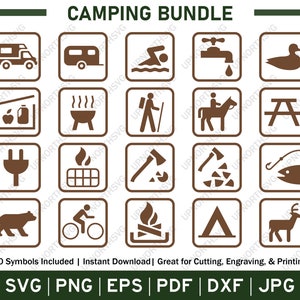 Lot Camping National Park Symbols Brown SVG, tente, camping-car, feu de camp, gril, bois de chauffage, flux d'air, icônes de plein air | Couper le fichier | svg pdf png jpg