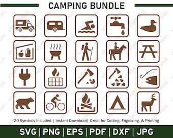 May include: A set of 20 camping icons in a brown color scheme. The icons include a camper, a tent, a campfire, a bear, a fish, a picnic table, a water faucet, a hiking stick, a horse, an axe, a grill, an apple, a bottle, a plug, a bike, a swimming pool, a duck, and a deer. The text "20 Symbols Included | Instant Download | Great for Cutting, Engraving, & Printing" is at the bottom of the image. The text "SVG | PNG | EPS | PDF | DXF | JPG" is at the bottom of the image.