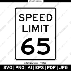 Geschwindigkeitsbegrenzung 65 MPH Schild | Vektorgrafik Logo Bild | Silhouette Straßenschild | Geburtstagsparty Dekor | Wanddekoration | svg, pdf, ai, eps, png