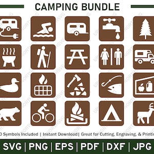 Campingsymbolen bruin SVG-bundel, tent, camper, kampvuur, grill, airstream, buitenpictogrammen | Nationaal park kaartstijl gesneden bestand | svg pdf png jpg
