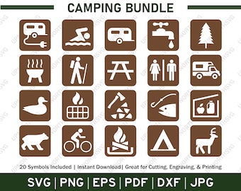 Camping Symbols Brown SVG bundle, Tent, RV, Campfire, Grill, Airstream, outdoor icons | National Park Map Style Cut File |  svg pdf png jpg