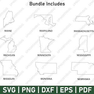 May include: A digital download bundle featuring outline illustrations of U.S. states, including Maine, Maryland, Massachusetts, Michigan, Minnesota, Mississippi, Missouri, Montana, and Nebraska. The image includes the text "Bundle Includes" and file format options: SVG, PNG, DXF, EPS, and PDF.