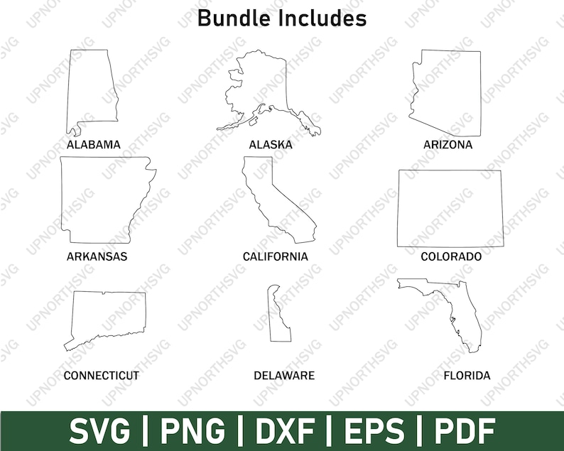 May include: A collection of state outlines, including Alabama, Alaska, Arizona, Arkansas, California, Colorado, Connecticut, Delaware, and Florida. The text "Bundle Includes" is at the top. Below the state outlines are the file format options: SVG, PNG, DXF, EPS, and PDF.