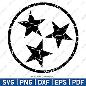 Tennessee Tri-Star Distressed SVG | Zwart Tennessee TriStar-silhouet | Vectorafbeelding ster | Svg, pdf, eps, dxf, png