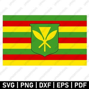 May include: The flag of Hawaii features eight horizontal stripes in red, yellow, and green. The top and bottom stripes are red, the second and seventh stripes are yellow, and the third, fourth, fifth, and sixth stripes are green. A green shield with a yellow symbol is centered on the flag.