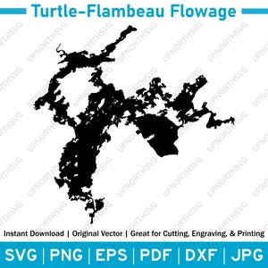 Puede incluir: Silueta negra del Turtle-Flambeau Flowage, un lago en Wisconsin, con el texto "Turtle-Flambeau Flowage" arriba. La imagen incluye el texto "Descarga instantánea | Vector original | Ideal para cortar, grabar e imprimir" y opciones de tipo de archivo.