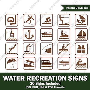 Paquete SVG de símbolos del Parque Nacional de Recreación Acuática, Natación, Paseos en bote, Pesca, Playa, Navegación icono al aire libre / Cortar archivo / svg pdf png jpg