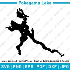 May include: Black and white silhouette of Pokegama Lake, a large lake with a unique shape. The lake is outlined in black against a white background. The text "Pokegama Lake" is written in black at the top of the image. The text "Instant Download | Original Vector | Great for Cutting, Engraving, & Printing" is written in black at the bottom of the image. The text "SVG | PNG | EPS | PDF | DXF | JPG" is written in black at the bottom of the image.