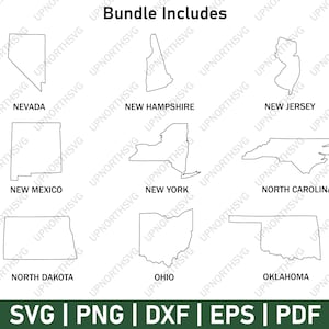 May include: A collection of nine state outlines in a minimalist style. The states include Nevada, New Hampshire, New Jersey, New Mexico, New York, North Carolina, North Dakota, Ohio, and Oklahoma. The image also includes file format options.