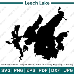 May include: Black and white silhouette of Leech Lake, a large lake with many inlets and coves. The lake is surrounded by land, and the silhouette is a simple outline of the lake's shape.