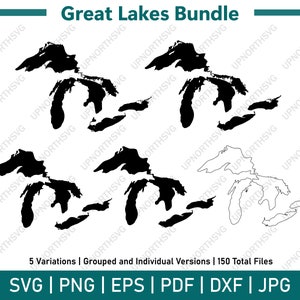 Silhouette et contour de la carte SVG des Grands Lacs | Image vectorielle carte | Supérieur, Michigan, Huron, Érié, Ontario |  pdf, png, dxf, eps, jpg