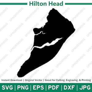 May include: Black and white silhouette of Hilton Head Island, South Carolina. The island is shaped like a teardrop with a narrow neck and a wide, rounded base.