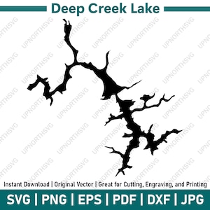 May include: Black and white silhouette of Deep Creek Lake, a large, irregularly shaped lake with many inlets and coves. The lake is surrounded by land, and the image is a digital download.