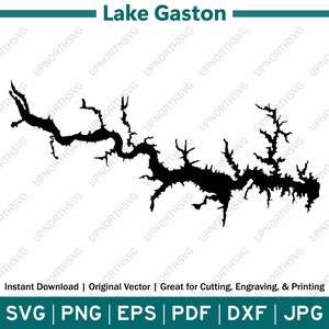 May include: Black and white silhouette of Lake Gaston, a large lake with many inlets and coves. The lake is outlined in black against a white background. The text "Lake Gaston" is at the top of the image.