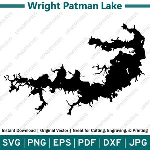 May include: Black and white silhouette of Wright Patman Lake.  The lake is a large body of water with many inlets and coves.  The image is suitable for cutting, engraving, and printing.