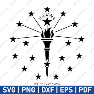 May include: Black and white silhouette of the state seal of Indiana. The seal features a torch, 13 stars, and the word "Indiana".