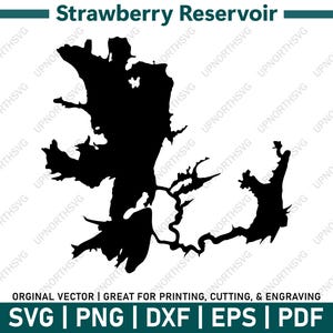 Puede incluir: Silueta en blanco y negro del embalse Strawberry, un gran lago de forma compleja. La imagen es una descarga digital para proyectos de manualidades.