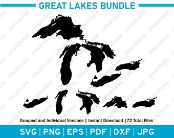 Great Lakes Silhouette & Outline Map Bundle 48 files | Vector Image Map | Superior, Michigan, Huron, Erie, Ontario |  svg pdf, png, jpg