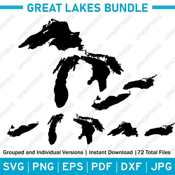 Great Lakes Silhouette & Outline Map Bundle 48 files | Vector Image Map | Superior, Michigan, Huron, Erie, Ontario |  svg pdf, png, jpg