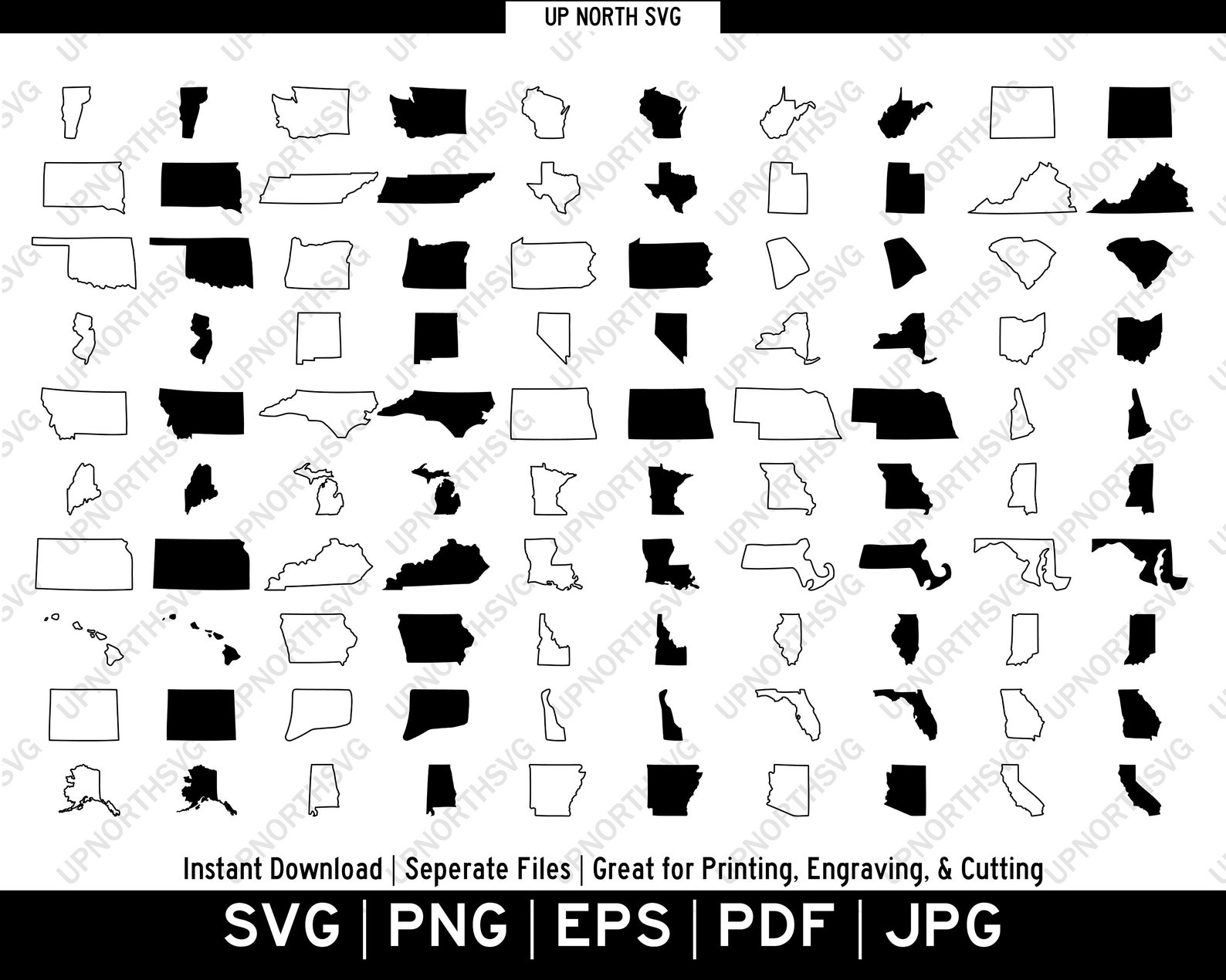 State Cutouts US State SVG Bundle | Individual State Outlines & Silhouettes Shapes ...