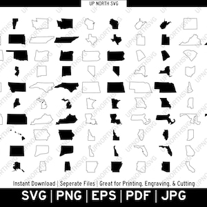 Ensemble SVG État américain | Contours d'états individuels et formes de silhouettes | Carte des États-Unis d'Amérique | 50 États États-Unis | pdf, dxf, eps, png