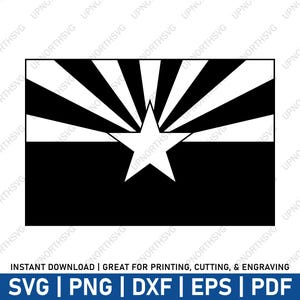 May include: Black and white silhouette of the Arizona state flag. The flag features a large, five-pointed star in the center, with 13 rays emanating from the star. The rays alternate between black and white.
