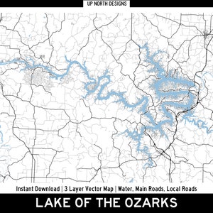 Lake of the Ozarks Roads & Water SVG Mapa multicapa / Calles / Missouri / Archivo gráfico de diseño vectorial / Mapa detallado / Grabado imprimible