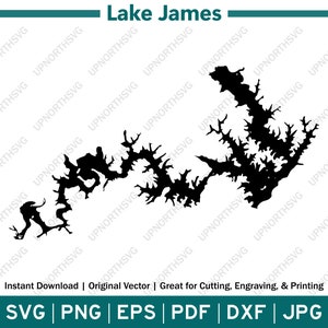 May include: Black and white silhouette of Lake James, a large body of water with a winding shoreline. The lake is surrounded by land, and the image is set against a white background.