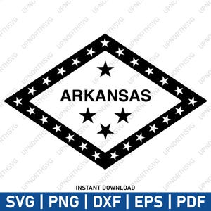 Op de afbeelding: Een zwart-wit afbeelding van de vlag van Arkansas. Het ontwerp toont een witte ruit met het woord "ARKANSAS" in het midden, omringd door sterren en een zwarte rand. De onderkant van de afbeelding bevat bestandstype-opties.