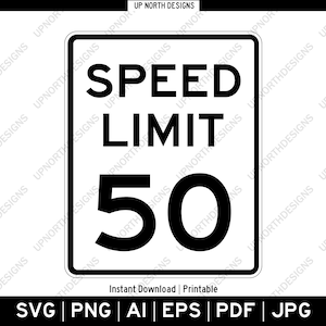 Geschwindigkeitsbegrenzung 50 MPH Schild | Vektorgrafik Logo Bild | Silhouette Straßenschild | Geburtstagsparty Dekor | Wanddekoration | svg, pdf, ai, eps, png