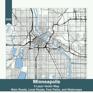 Minneapolis Roads & Water SVG Mapa multicapa / Calles Senderos / Archivo gráfico de diseño vectorial / Mapa detallado / Imprimible