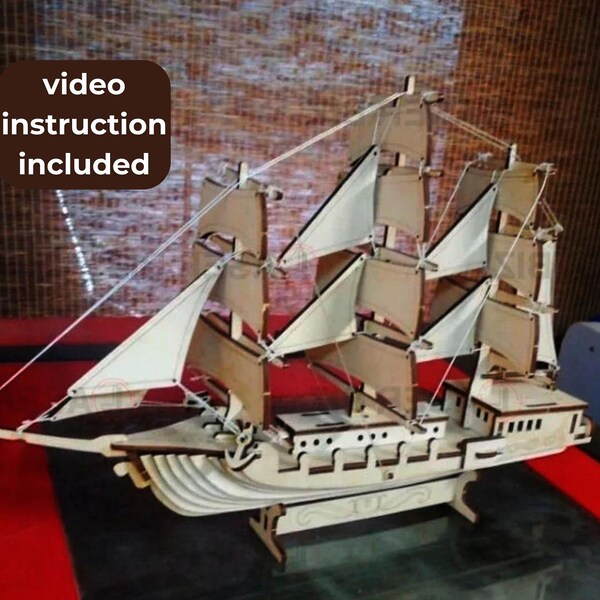 Laser cut wooden sailboat model ship 3d puzzle svg files Vector laser template puzzle Laser cut file Dxf Pdf Eps Cdr cnc pattern