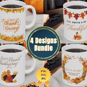 Puede incluir: Cuatro tazas de cerámica blanca con diseños temáticos de Acción de Gracias. Cada taza presenta colores otoñales, texto e ilustraciones. Una taza dice "Happy Thanksgiving", otra "Eat, Drink & Be Thankful", y otras tienen mensajes similares. Un gráfico de paquete está en el centro.