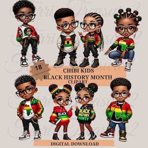 Black History, 18 Black History Chibi Kids PNG, Black History ClipArt-bundel, Chibi Black History-illustraties, Black Pride, Juneteenth Pride