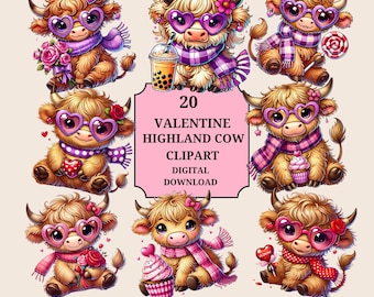 Valentines Highland Cows Collection Clipart, 20 PNG Valentines Day Clipart, Valentine Highland Cow, Highland Cow, Cute Highland Cow Clipart