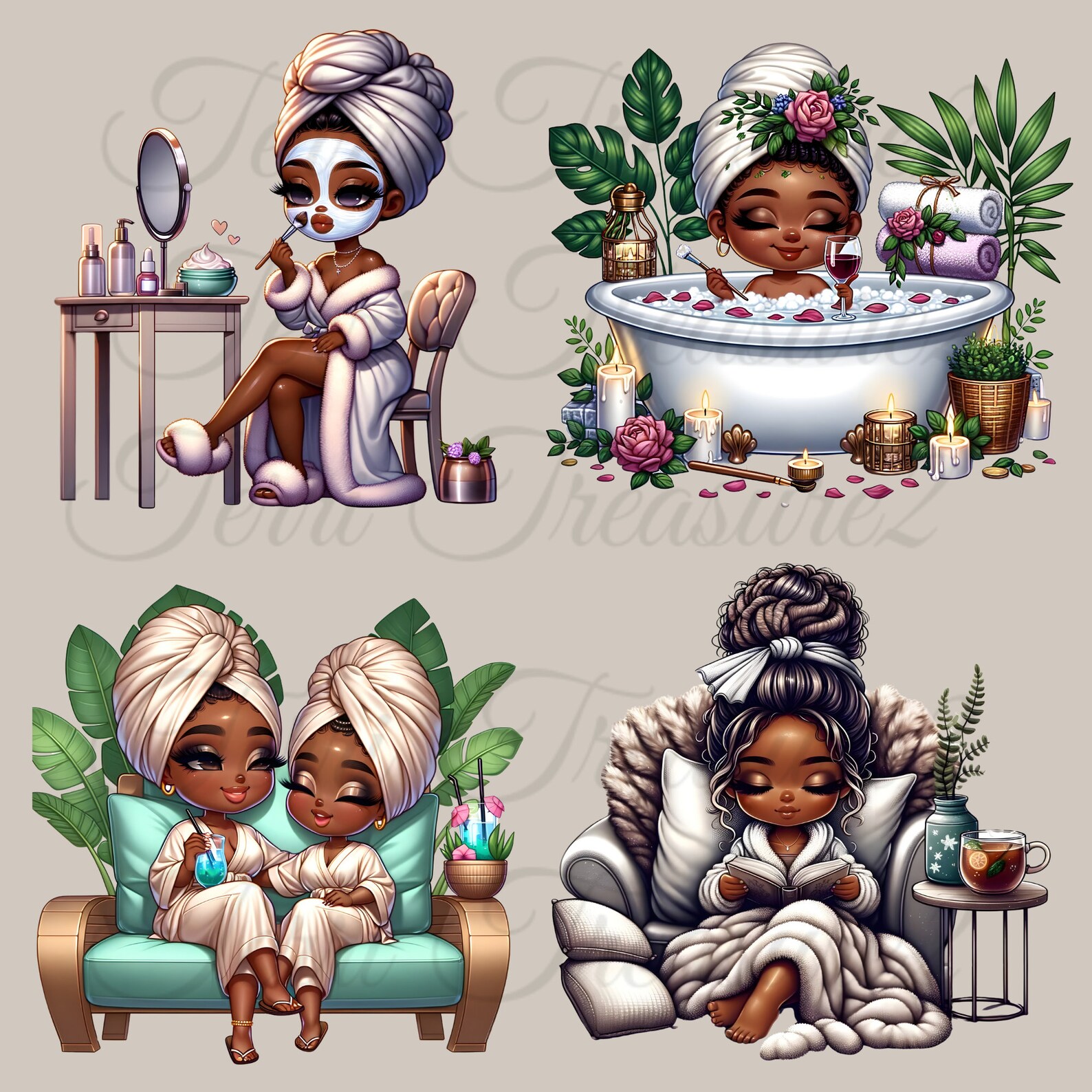 Spa Chibi Self-care Chibi Clipart Set, Chibi Black Girls Relax, Black Woman Magic ...