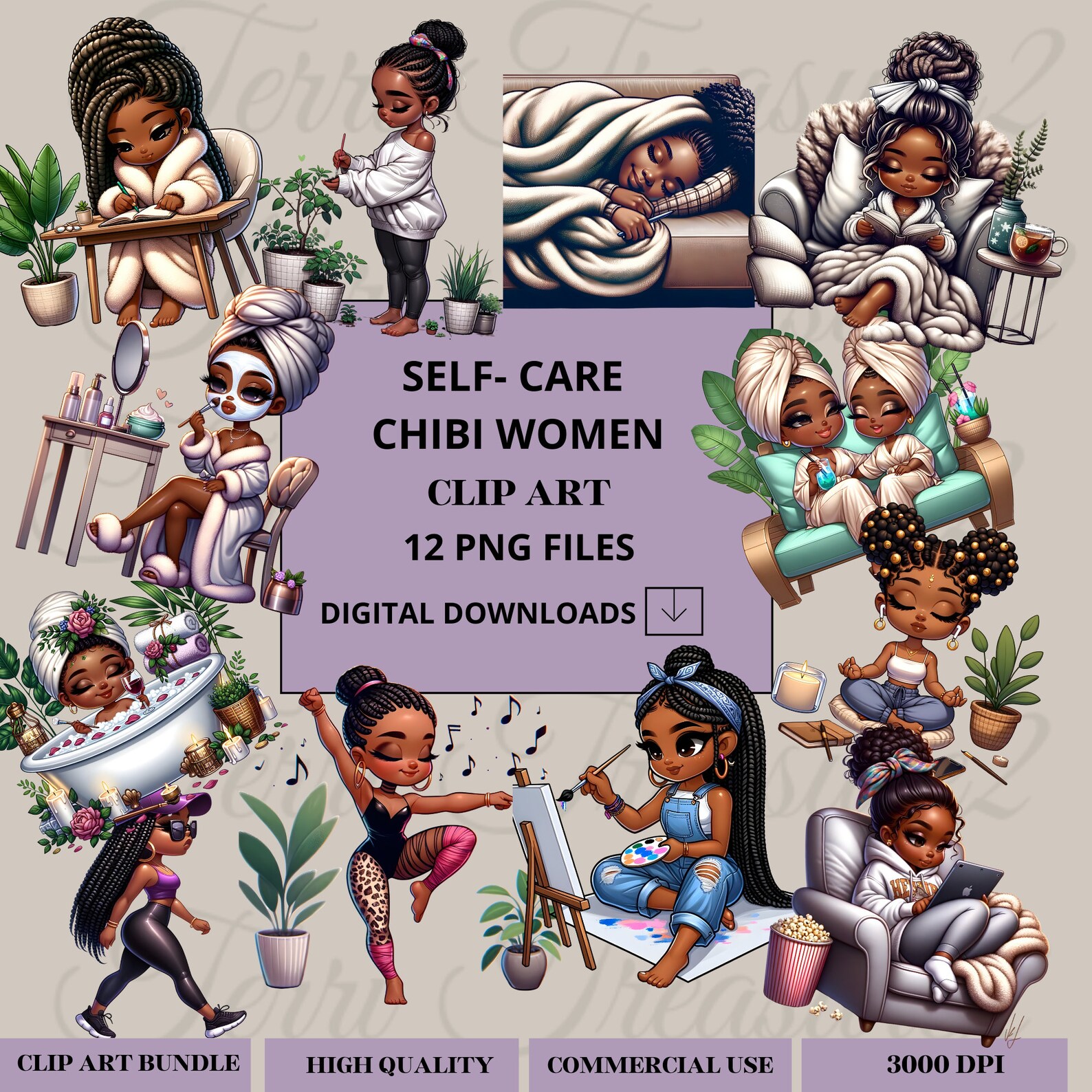 Spa Chibi Self-care Chibi Clipart Set, Chibi Black Girls Relax, Black Woman Magic ...