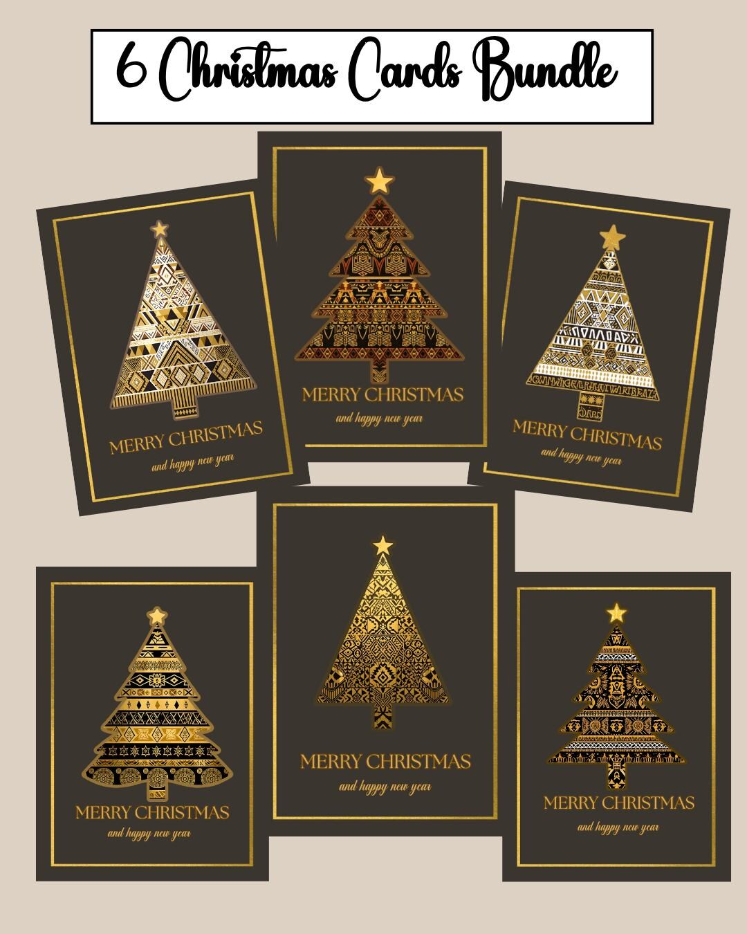Elegant Black and Gold Christmas Cards, Printable Holiday Card Set, 6 ...