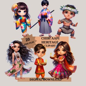 May include: A set of 20 digital clipart images featuring chibi characters in traditional clothing from different cultures. The characters are wearing colorful outfits and accessories, including a kimono, a sarong, a dhoti, and a traditional Hawaiian lei.