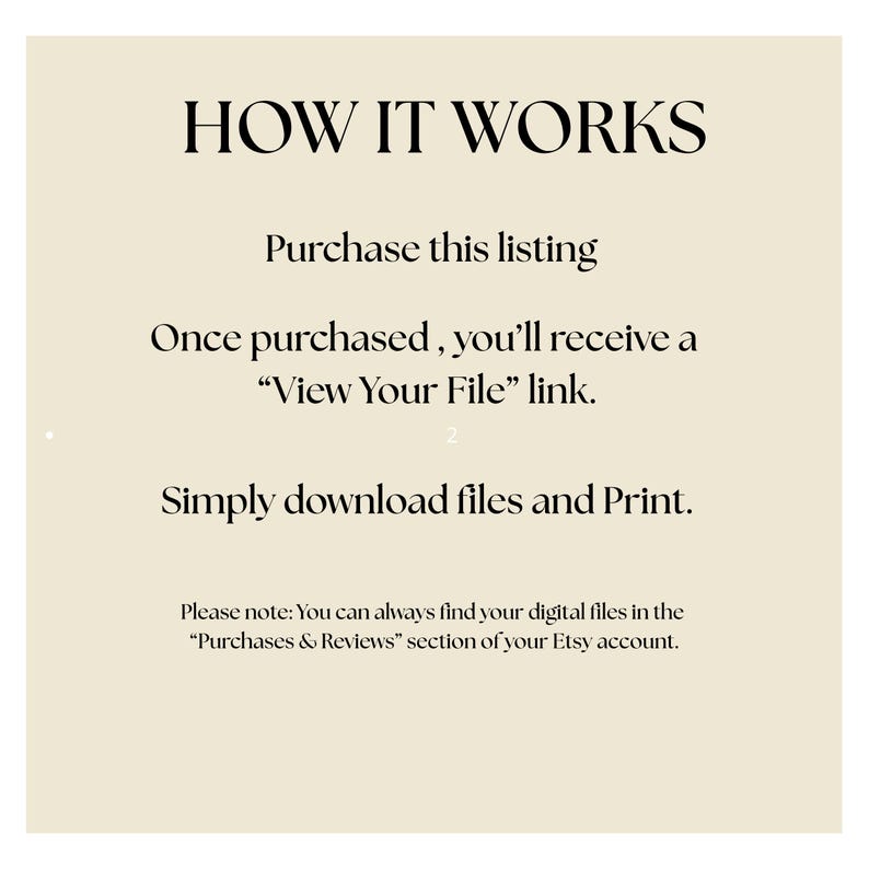以下が含まれることがあります： 上部に「HOW IT WORKS」というテキストが入ったクリーム色のグラフィック。手順には、リストの購入、「View Your File」リンクの受信、ファイルのダウンロードと印刷が含まれます。デジタルファイルの検索に関する追加の注意点。