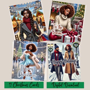 Pacchetto di biglietti di auguri di Natale neri, afroamericani, biglietti di auguri, download digitale, biglietto di auguri di Natale afroamericano, 12 biglietti di auguri stampabili