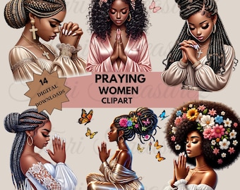 Praying Woman Clipart, 14 Black Praying Women Clipart Bundle, Planner Girls Black PNG, Blessed Girl Christian Clipart, Black Women Faith