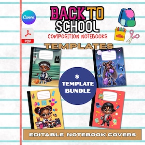 Back to School Editable Composition Notebook Covers | African American Kids | Canva Templates | 8 Unique Designs | Digital Download