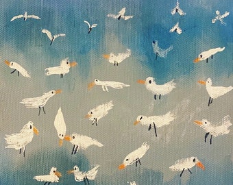 Handmade abstract acrylic Seagull painting on streched canvas