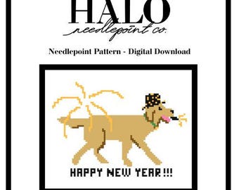 Golden Retriever New Years Needlepoint Digital Pattern - Theo