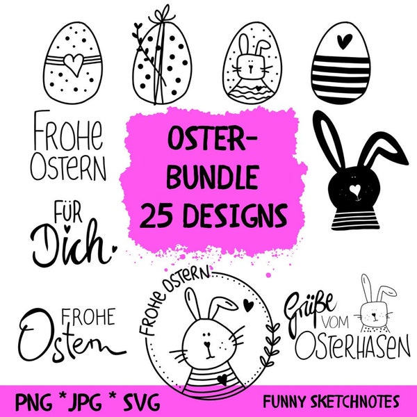 Plotterdatei Designbundle für Ostern mit Osterhase, Hühner und Schafen PNG SVG und JPG